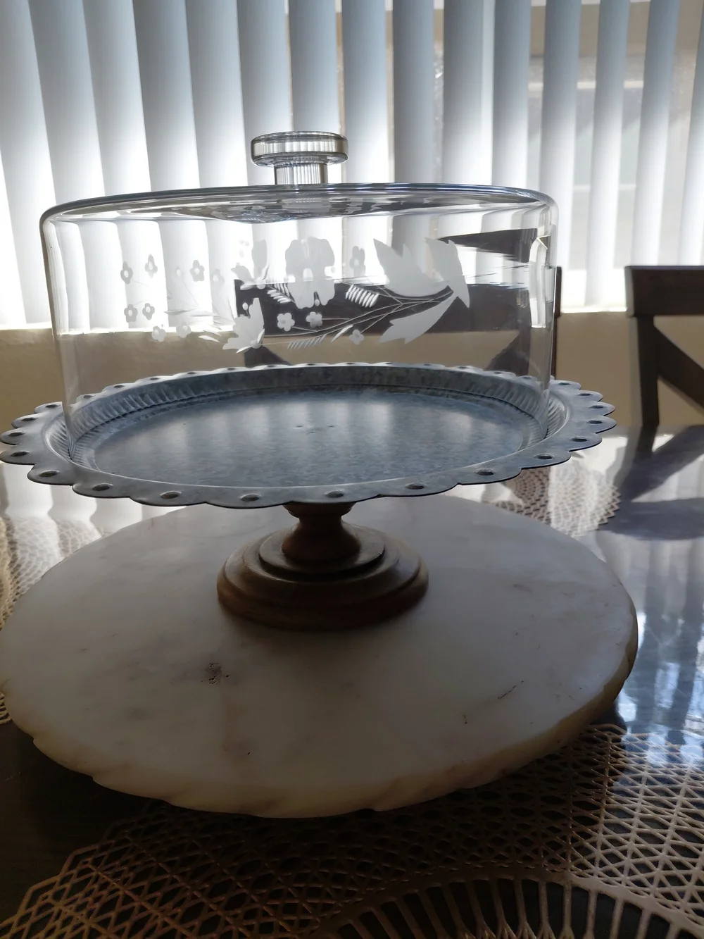 Vintage Floral Etched Glass Pedestal Cake Stand with Domed Lid